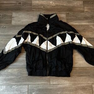 90s ANNEY Collection Womens Black Gold Greek Key Geometric Track Jacket Size M